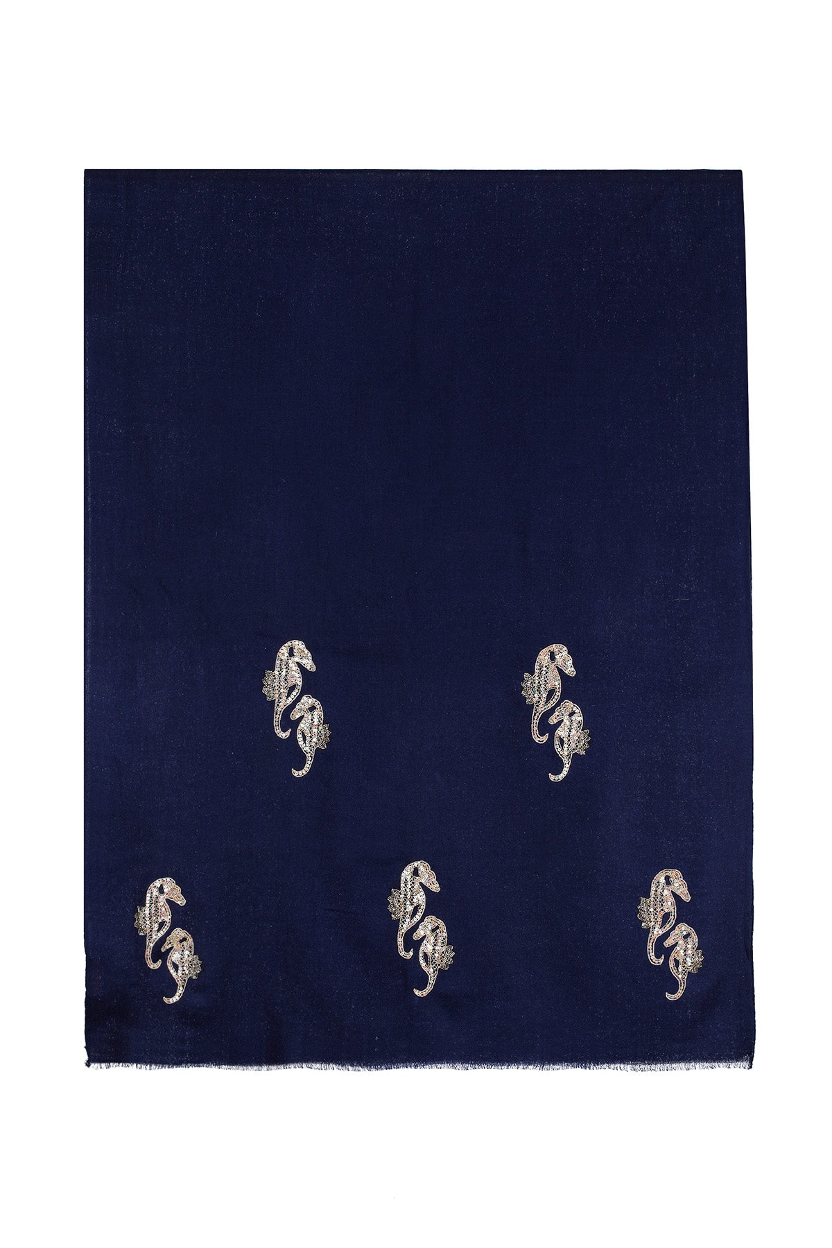 Cashmere Embroidery - Seahorses | Deep-Navy