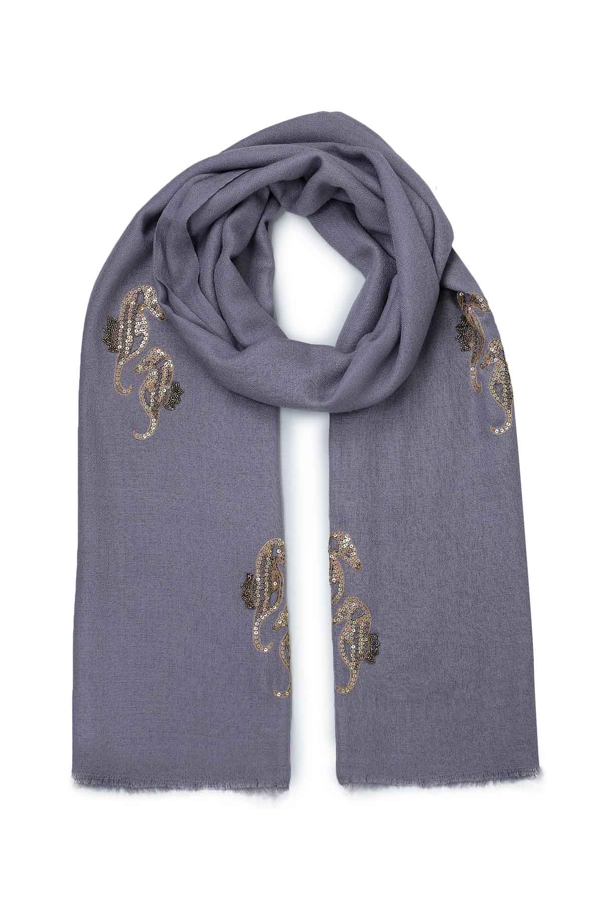 Cashmere Embroidery - Seahorses | Purple-Gray
