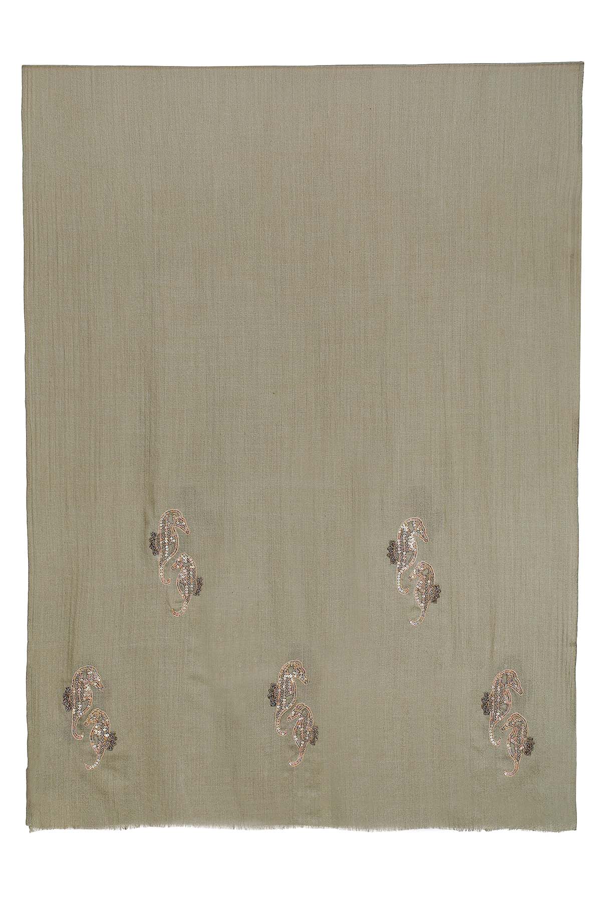 Cashmere Embroidery - Seahorses | Muted-Khakhi