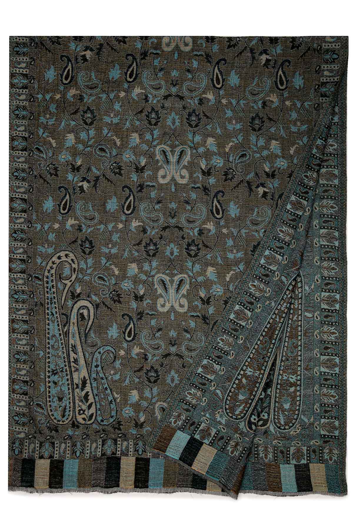Pashmina Jamawar – Paisley Garden | Charcoal-Olive