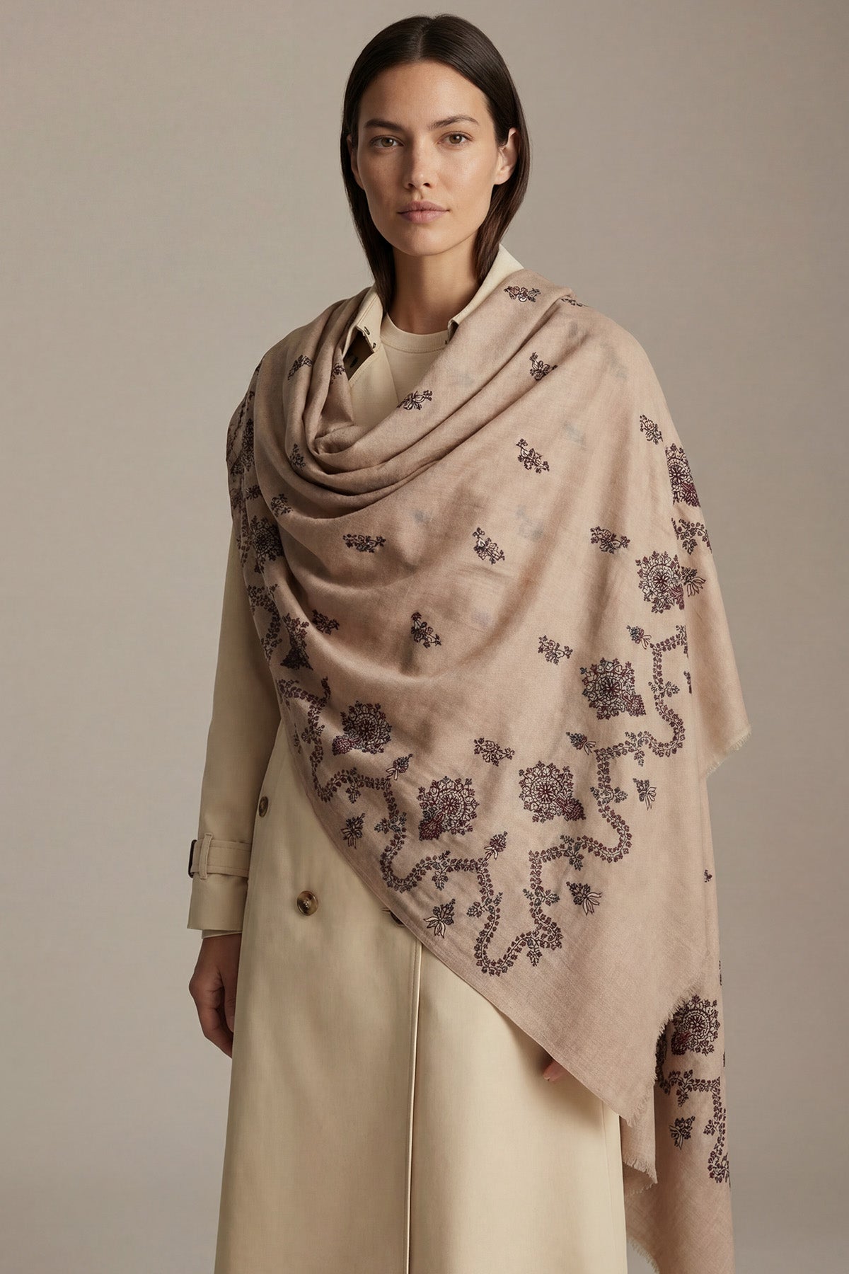 Cashmere Embroidery Border - Regal Vine | Camel