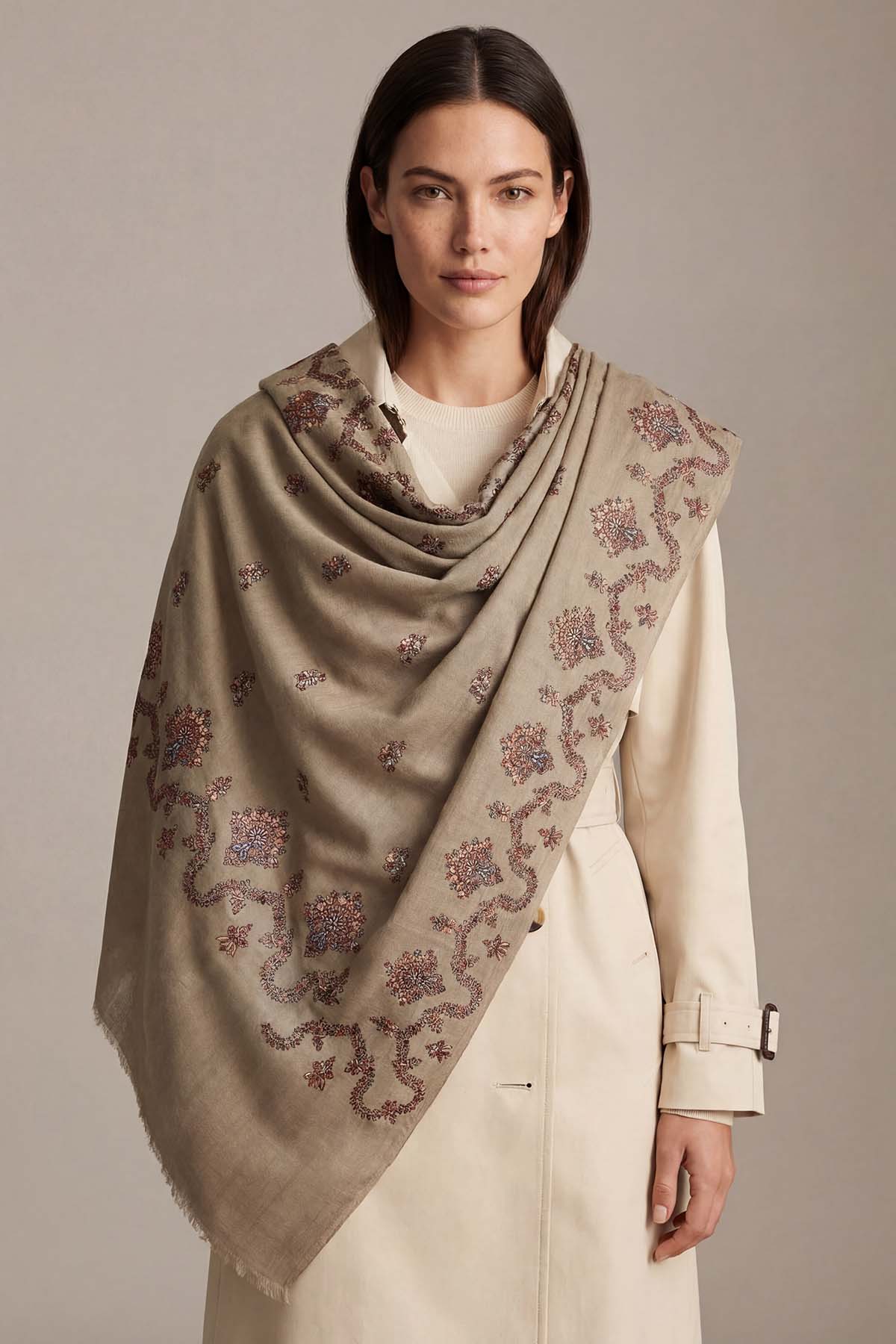 Cashmere Embroidery Border - Regal Vine | Warm-Khakhi