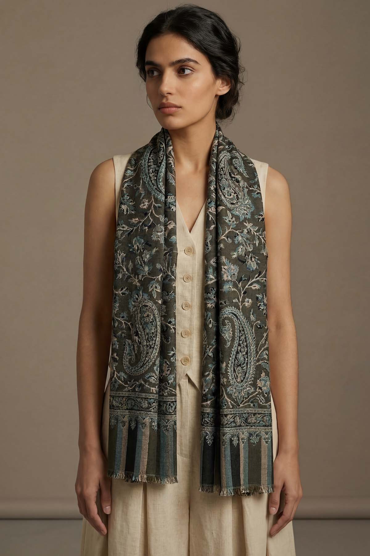 Pashmina Jamawar – Paisley Garden | Charcoal-Olive