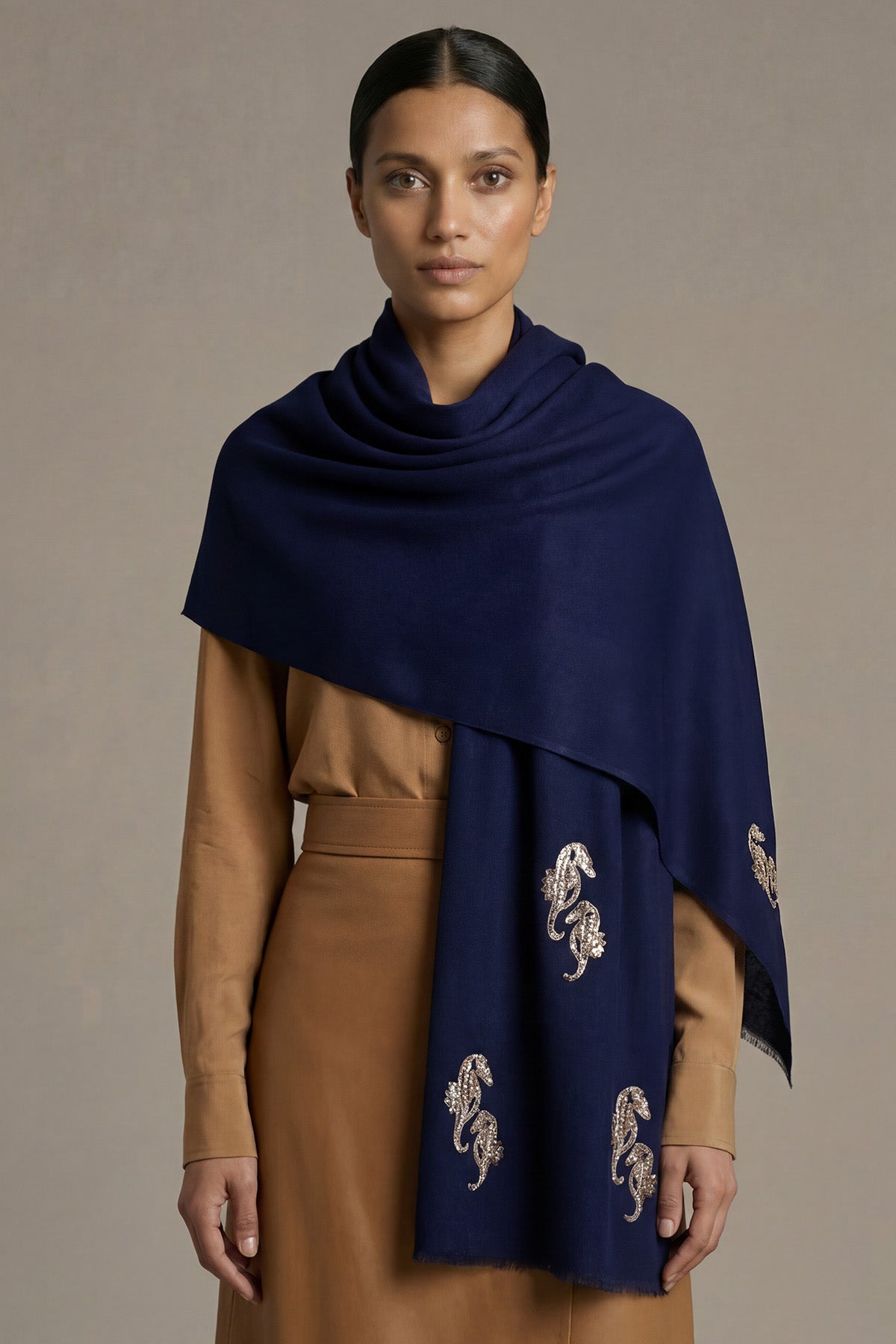 Cashmere Embroidery - Seahorses | Deep-Navy