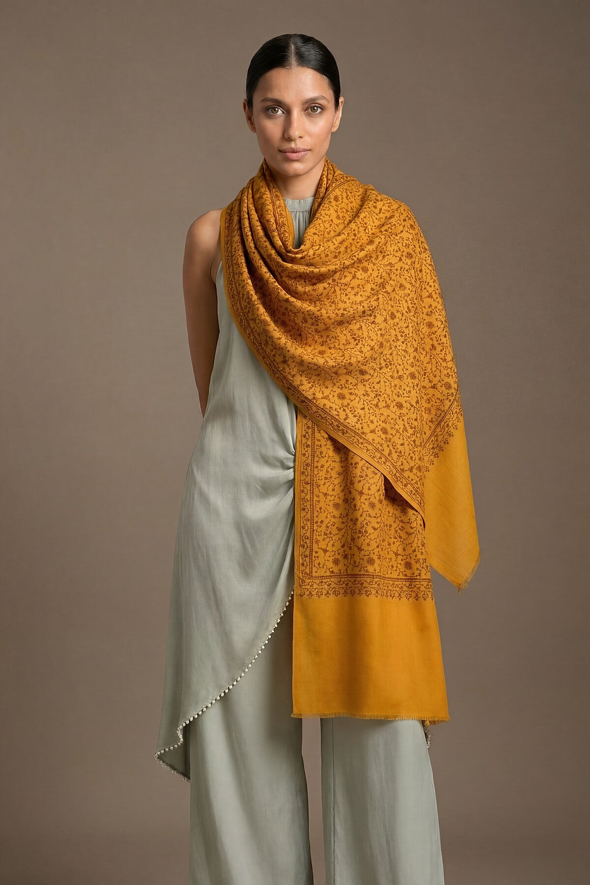 Pashmina Jamawar Embroidery - Vinefield | Dark-Marigold