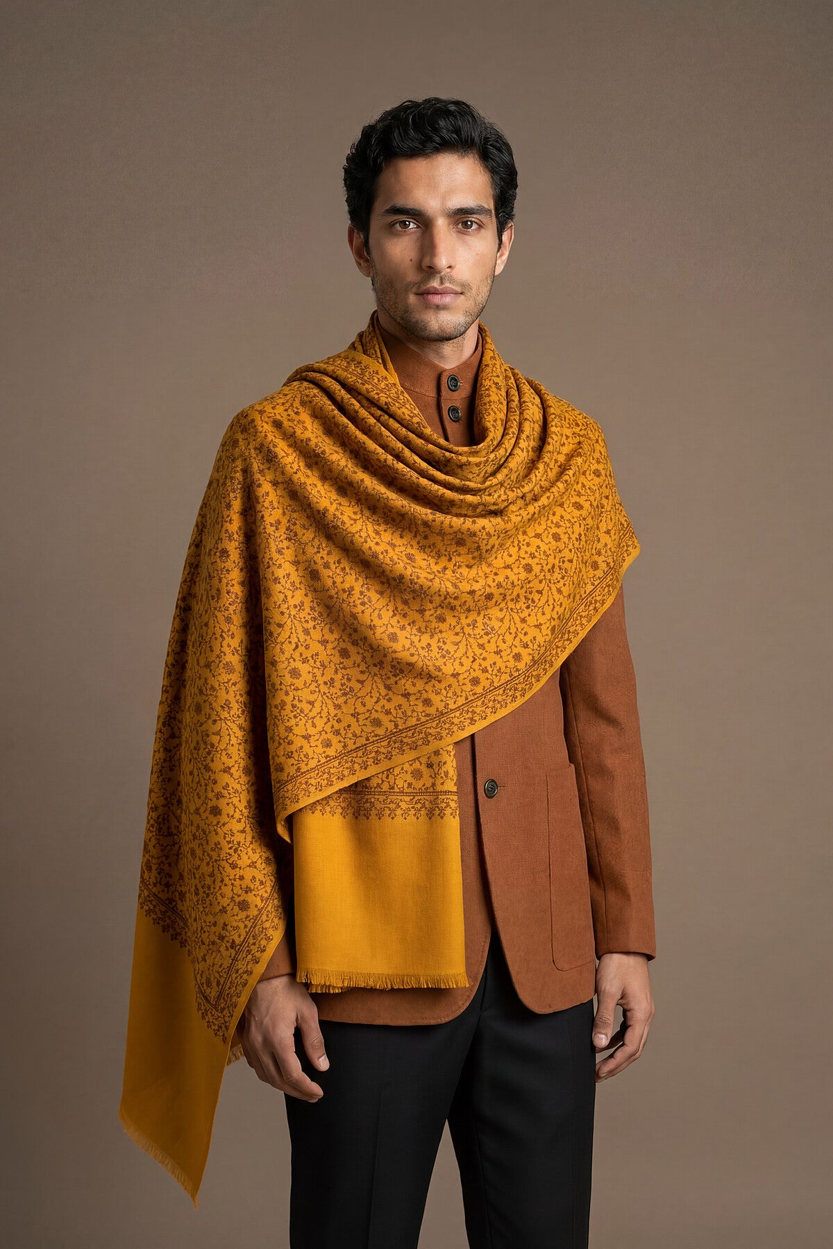 Pashmina Jamawar Embroidery - Vinefield | Dark-Marigold