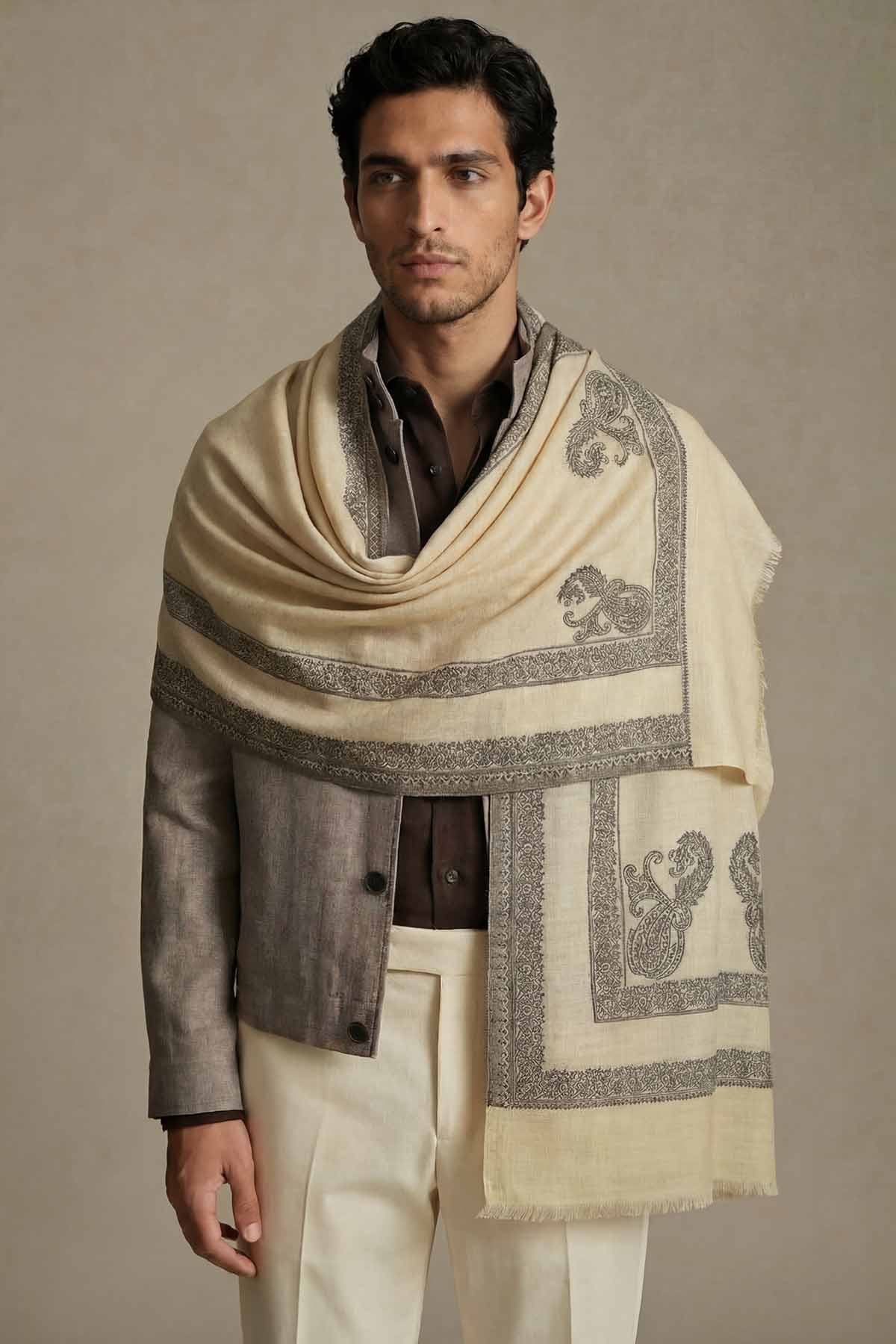 Pashmina Birds Eye - Paisley Edge | Olive
