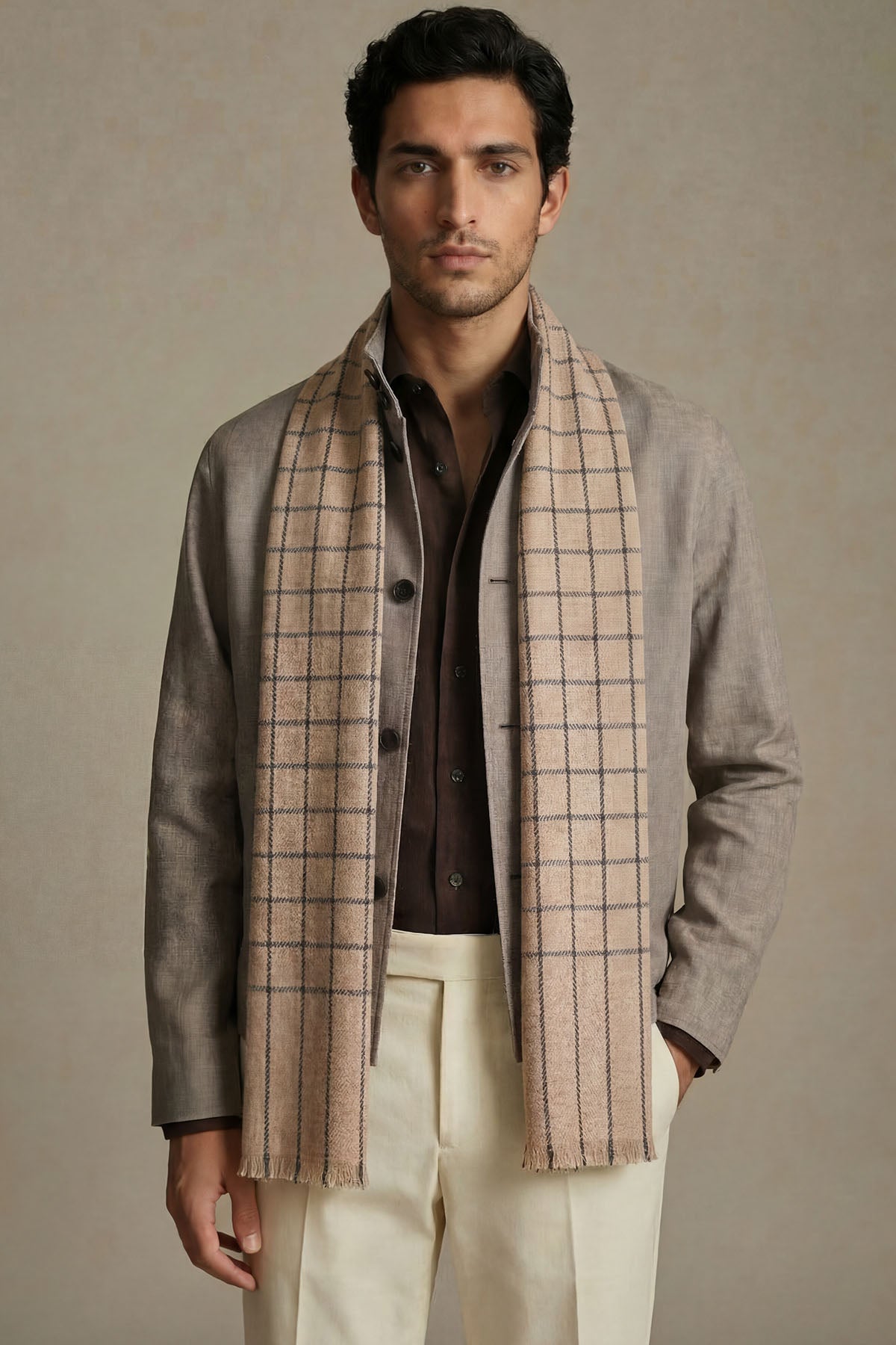 Pashmina Muffler Windowpane | Sandy-Oatmeal