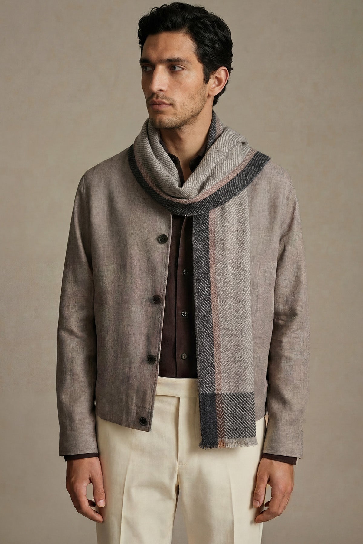 Pashmina Muffler Bordered Herringbone | Cool-Charcoal