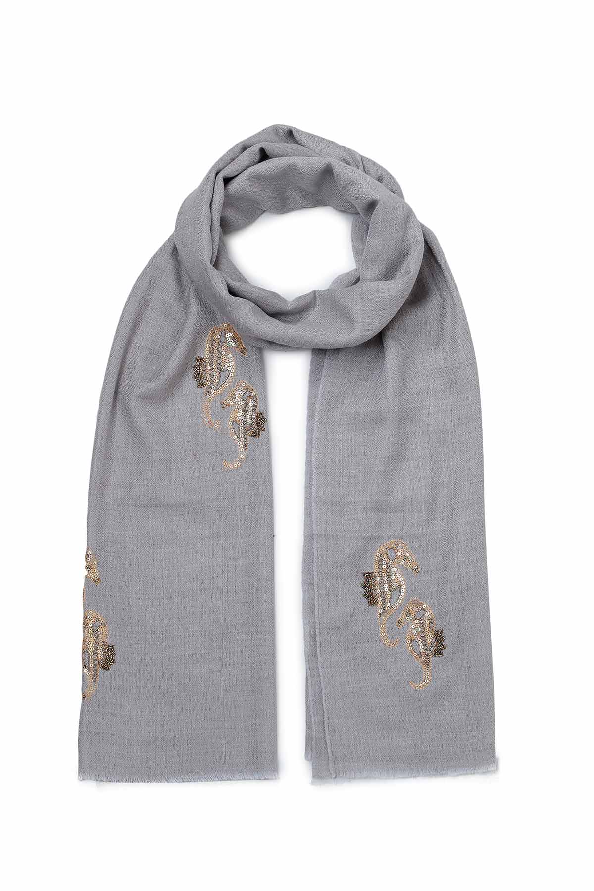 Cashmere Embroidery - Seahorses | Muted-Slate