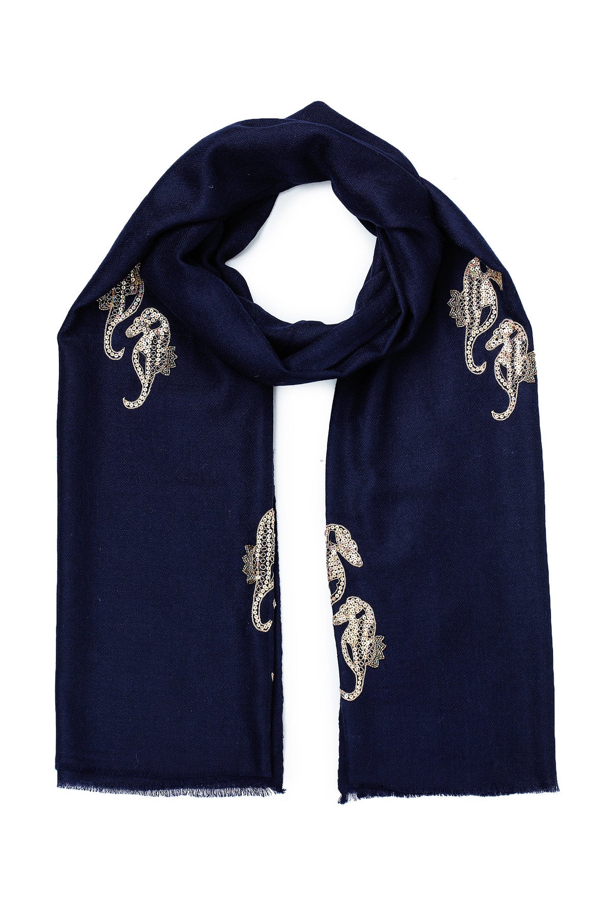 Cashmere Embroidery - Seahorses | Deep-Navy