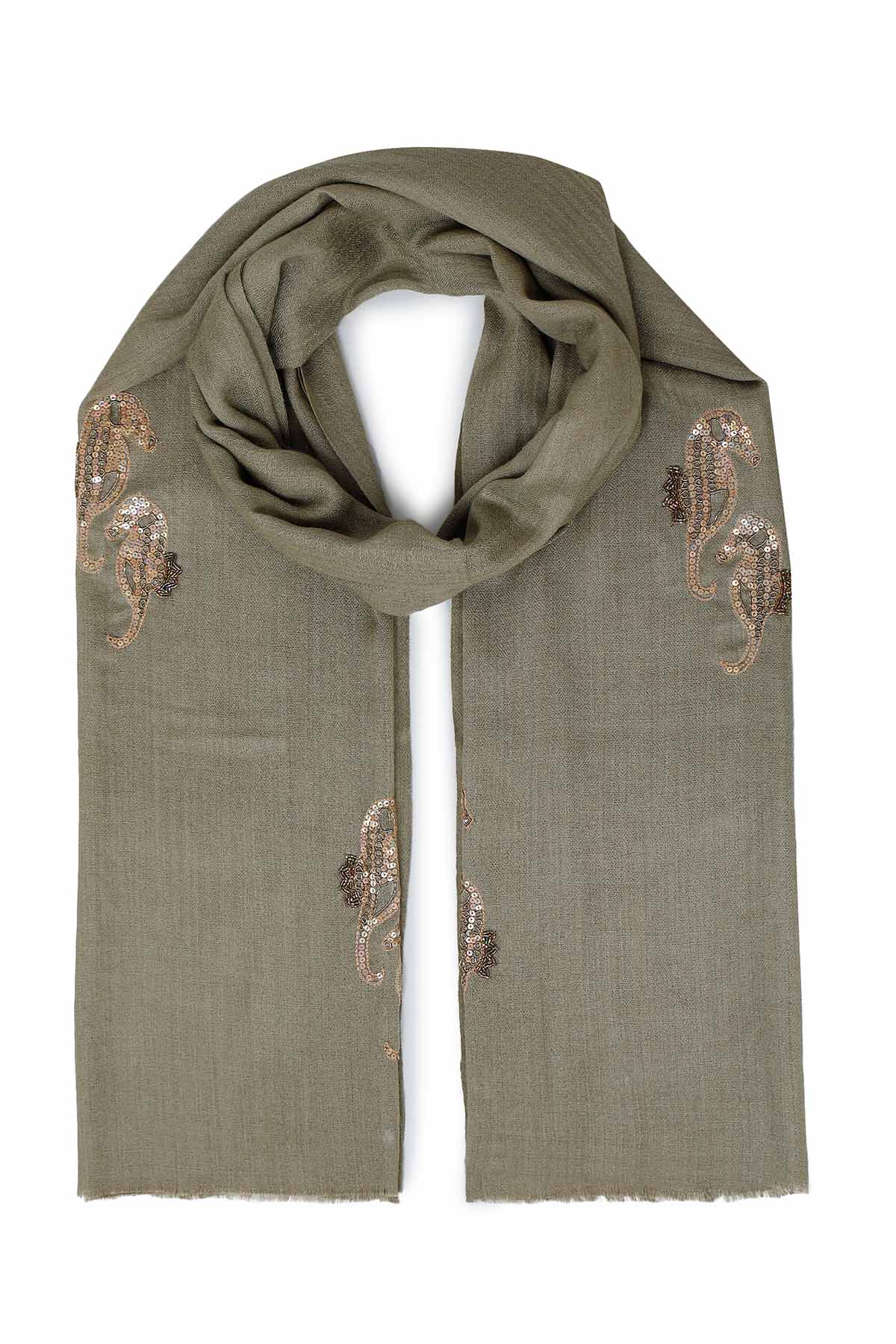 Cashmere Embroidery - Seahorses | Muted-Khakhi