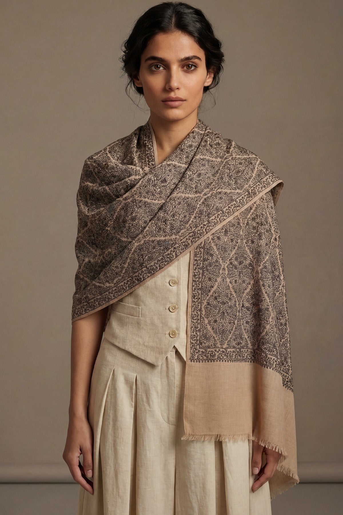 Pashmina Jamawar Embroidery - Trellis | Warm-Taupe