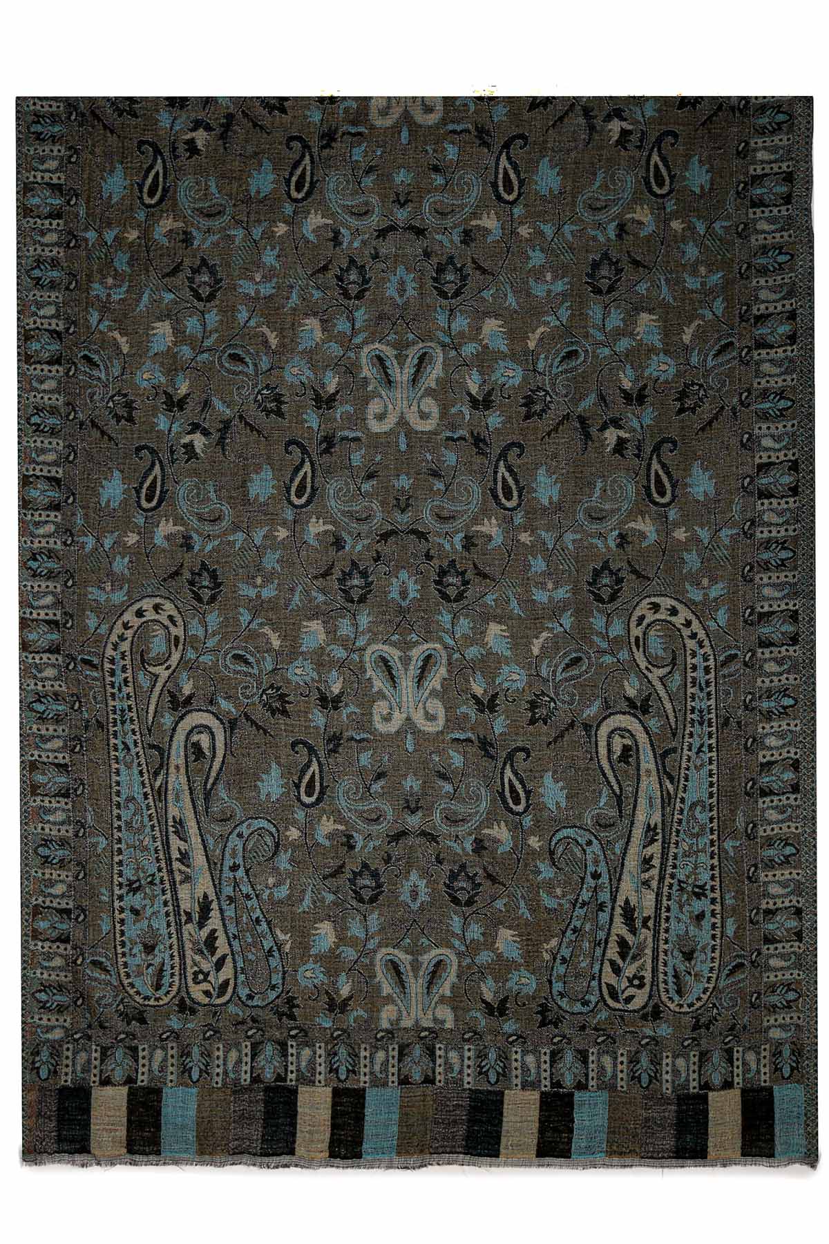 Pashmina Jamawar – Paisley Garden | Charcoal-Olive