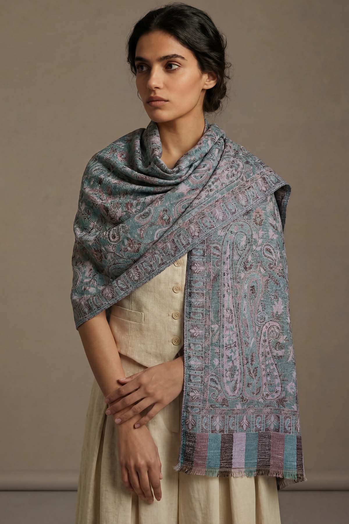 Pashmina Jamawar – Paisley Garden | Blue-Green