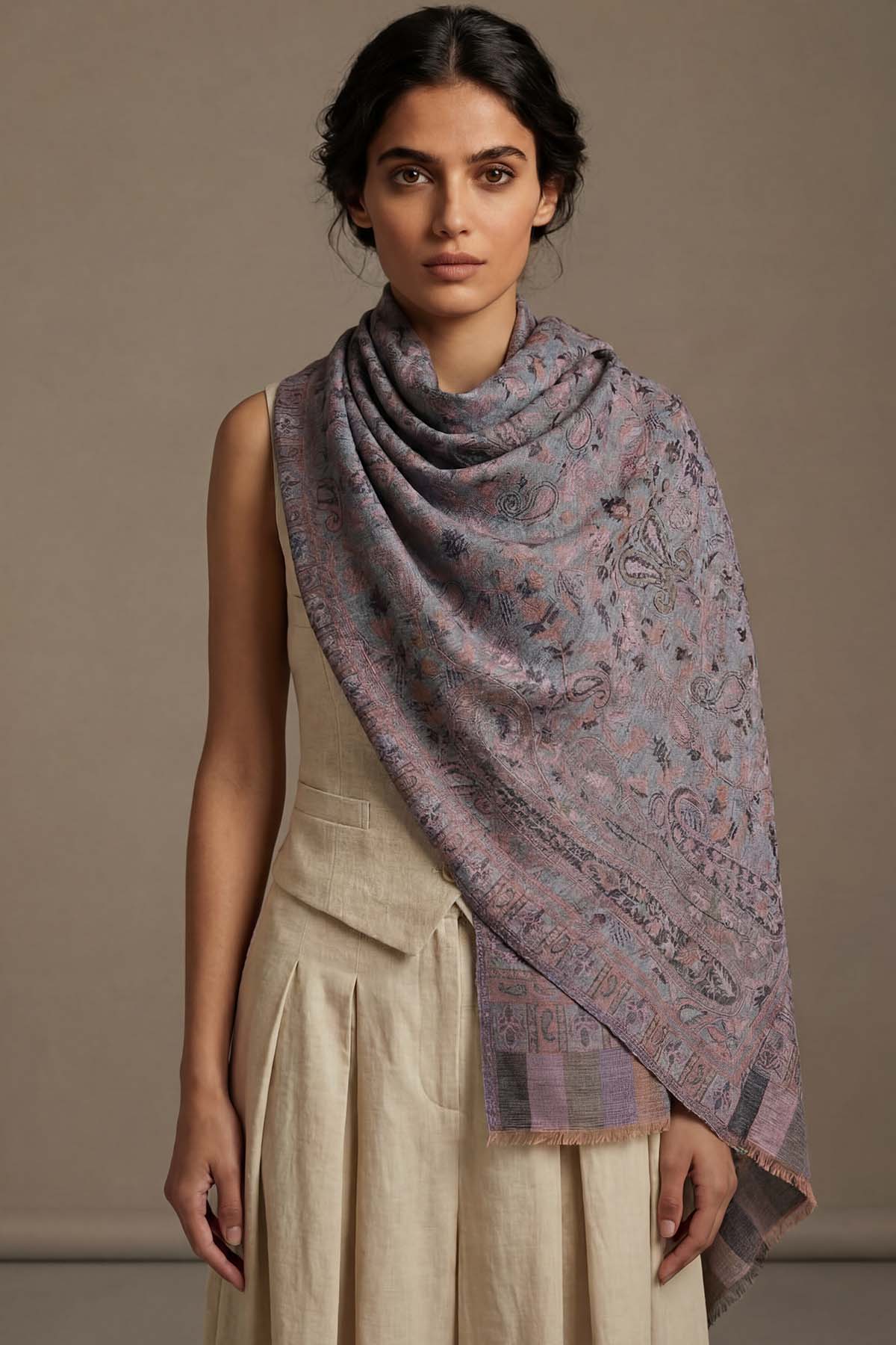 Pashmina Jamawar – Paisley Garden | Blue-Grey