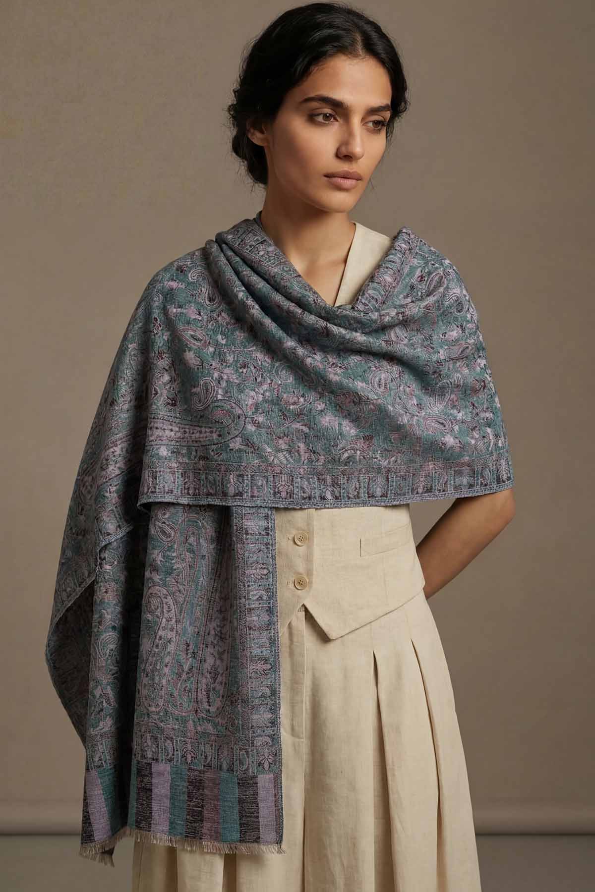 Pashmina Jamawar – Paisley Garden | Teal-Dust