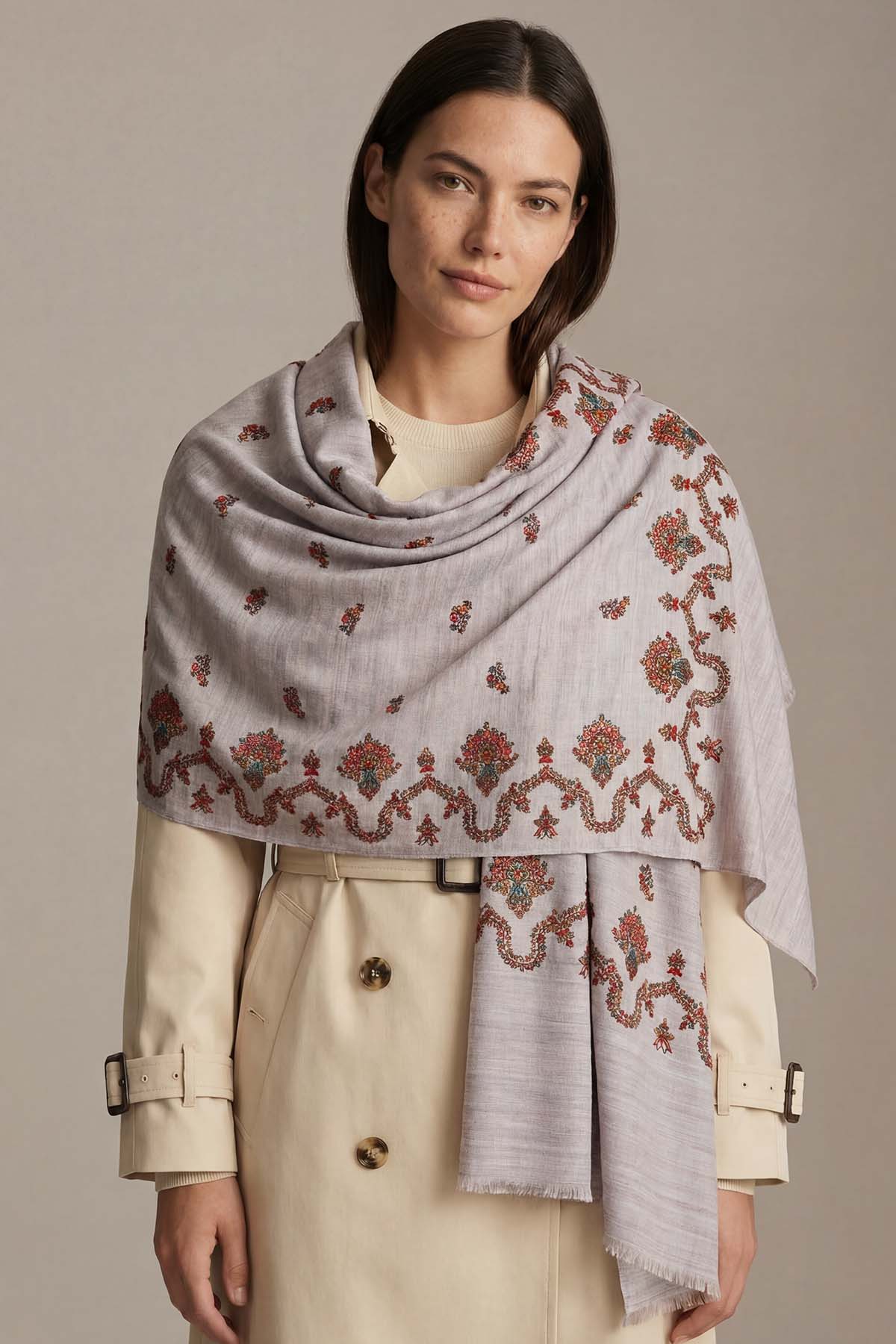 Cashmere Embroidery Border - Regal Vine | Grey