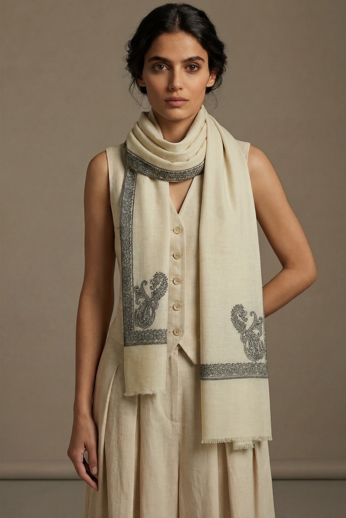 Pashmina Birds Eye - Paisley Edge | Olive