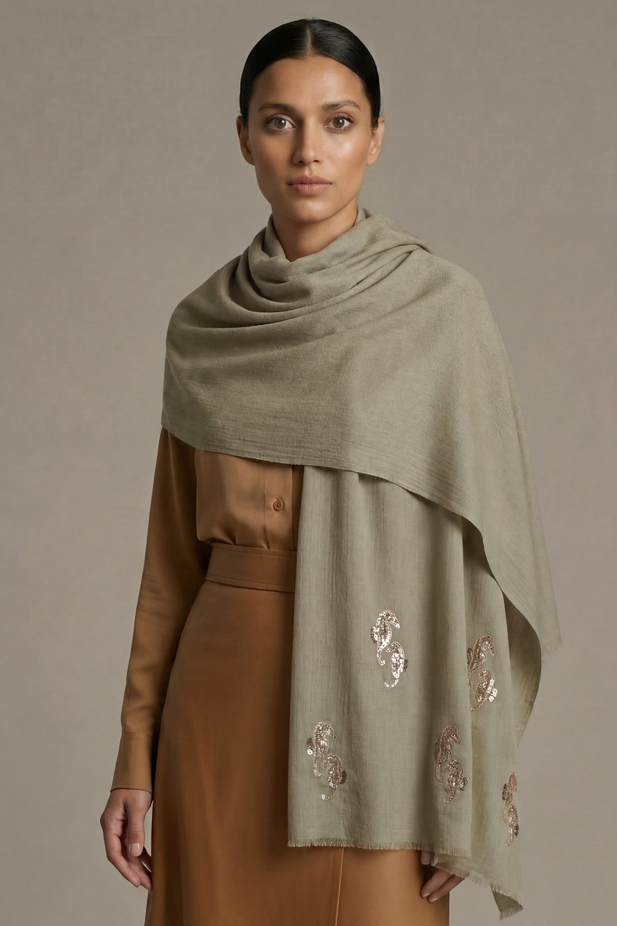 Cashmere Embroidery - Seahorses | Muted-Khakhi