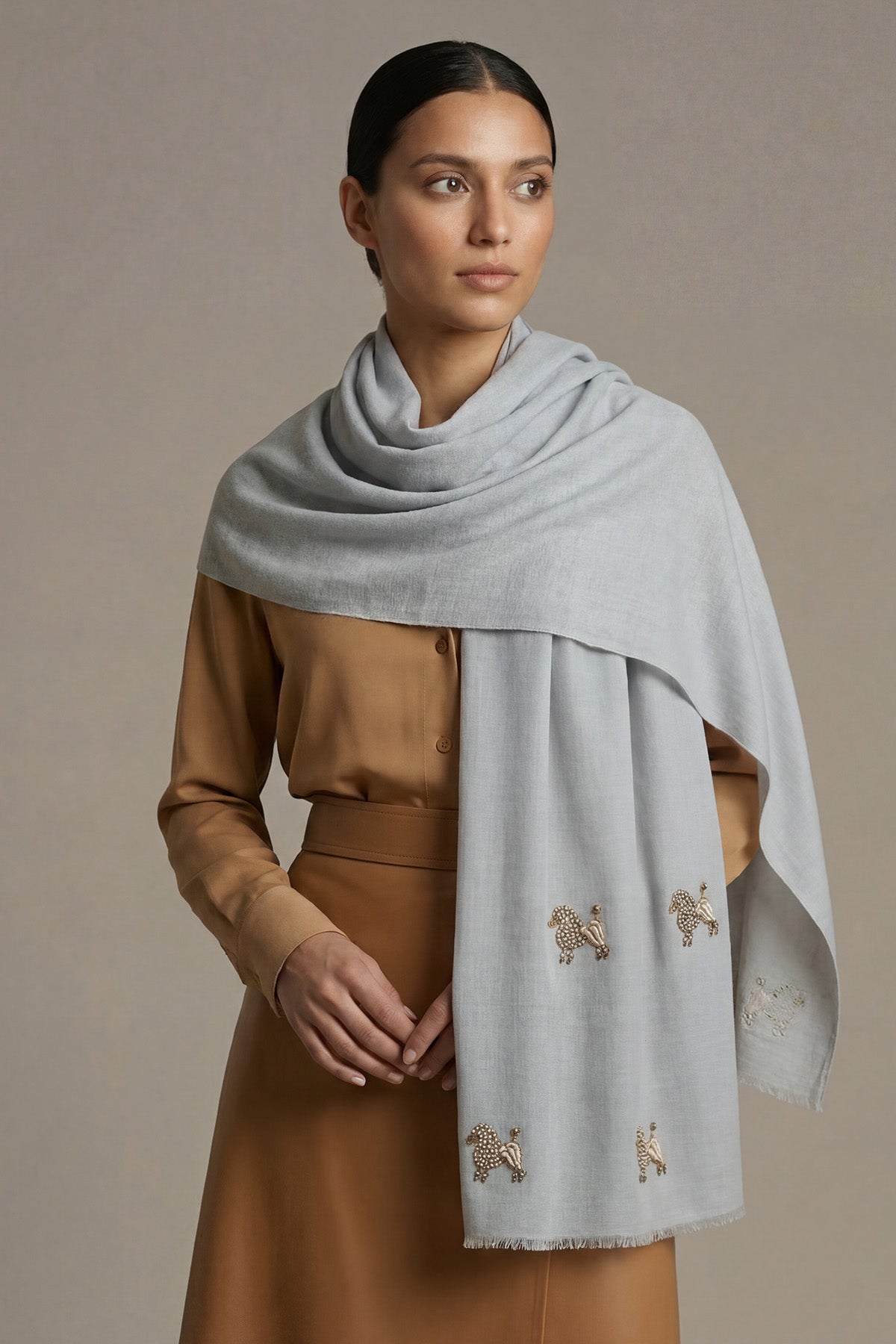 Cashmere Embroidery - Poodles | Mist-Grey