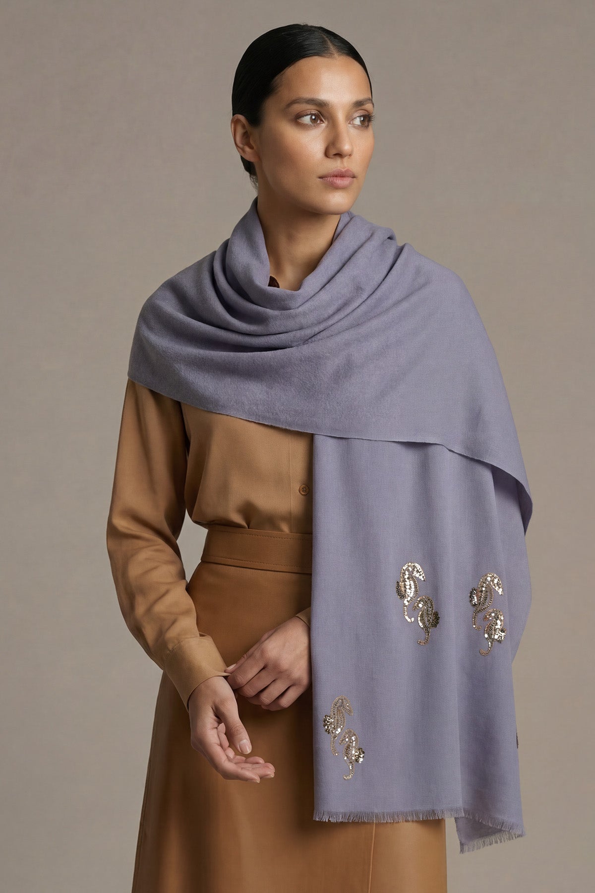 Cashmere Embroidery - Seahorses | Purple-Gray