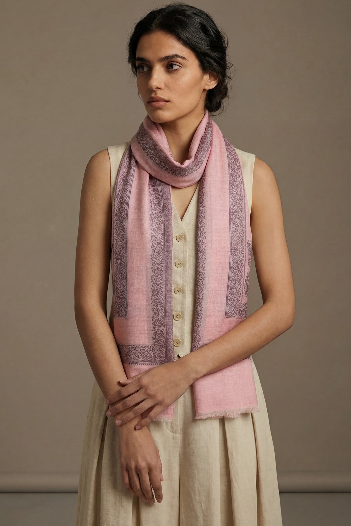 Pashmina Birds Eye - Paisley Edge | Soft-Pink