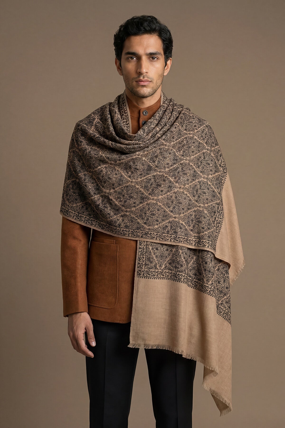 Pashmina Jamawar Embroidery - Trellis | Warm-Taupe