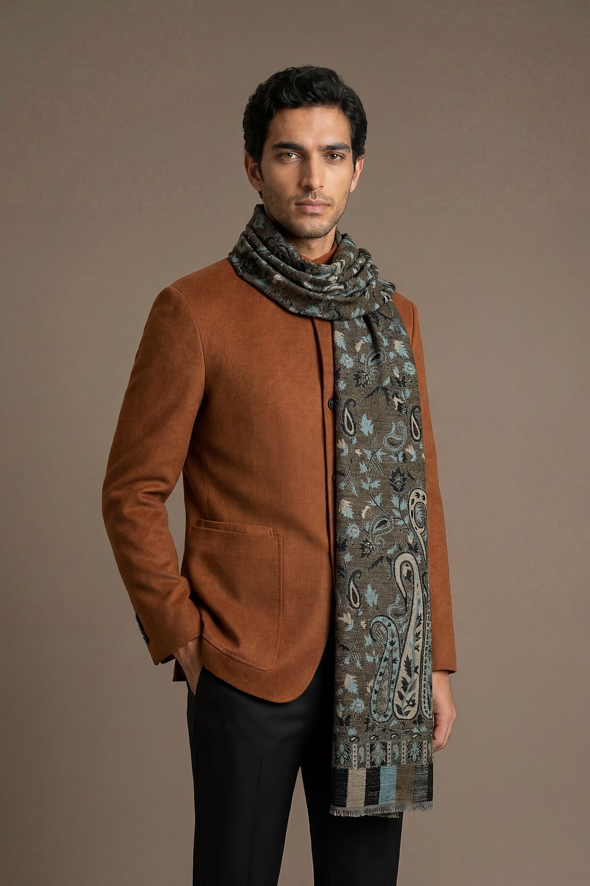 Pashmina Jamawar – Paisley Garden | Charcoal-Olive