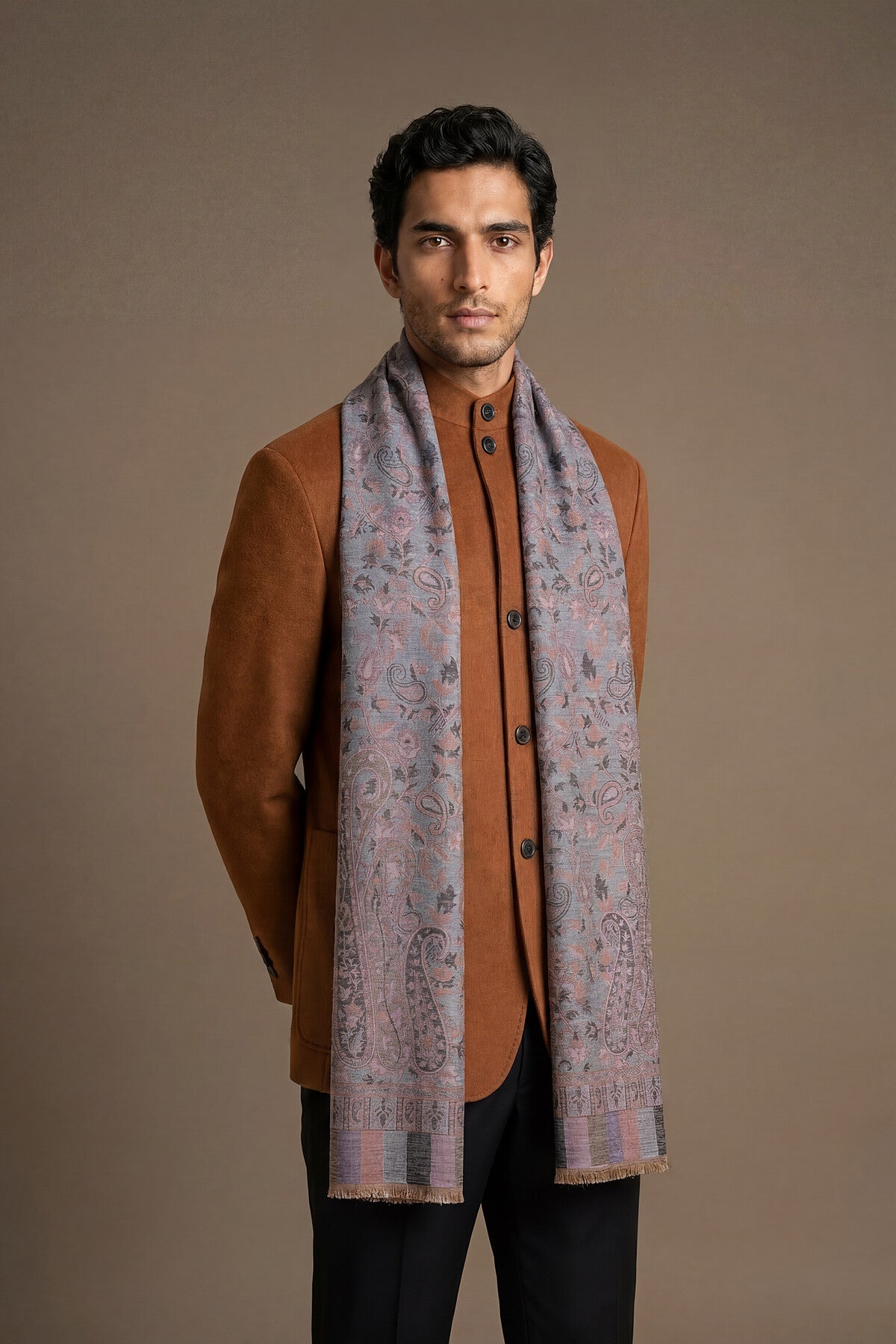 Pashmina Jamawar – Paisley Garden | Blue-Grey