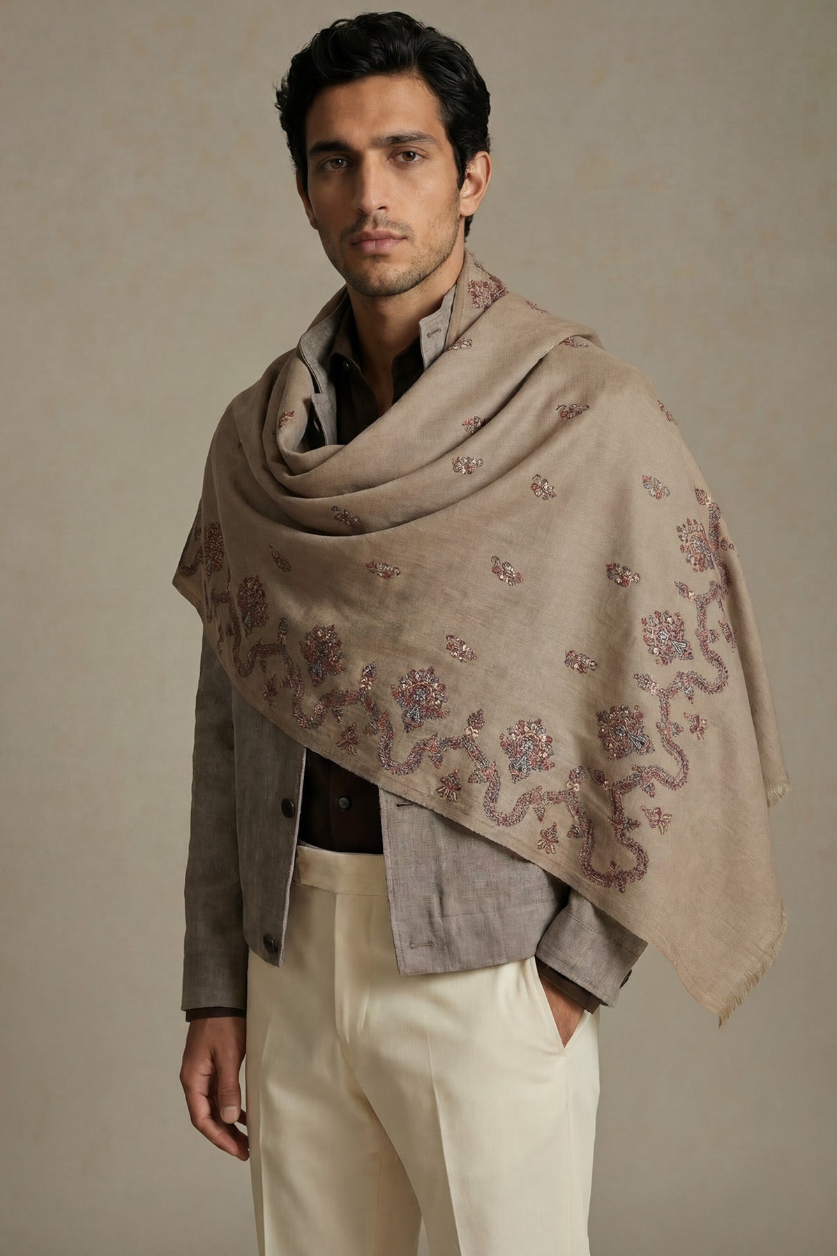 Cashmere Embroidery Border - Regal Vine | Warm-Khakhi