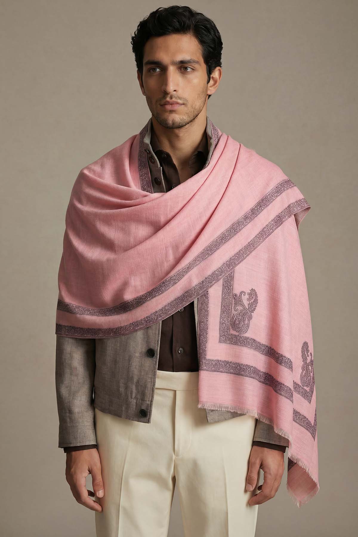 Pashmina Birds Eye - Paisley Edge | Soft-Pink