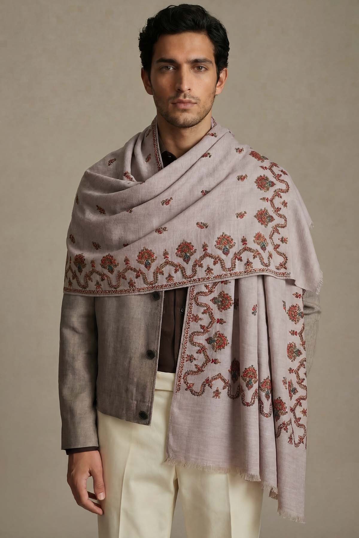 Cashmere Embroidery Border - Regal Vine | Grey