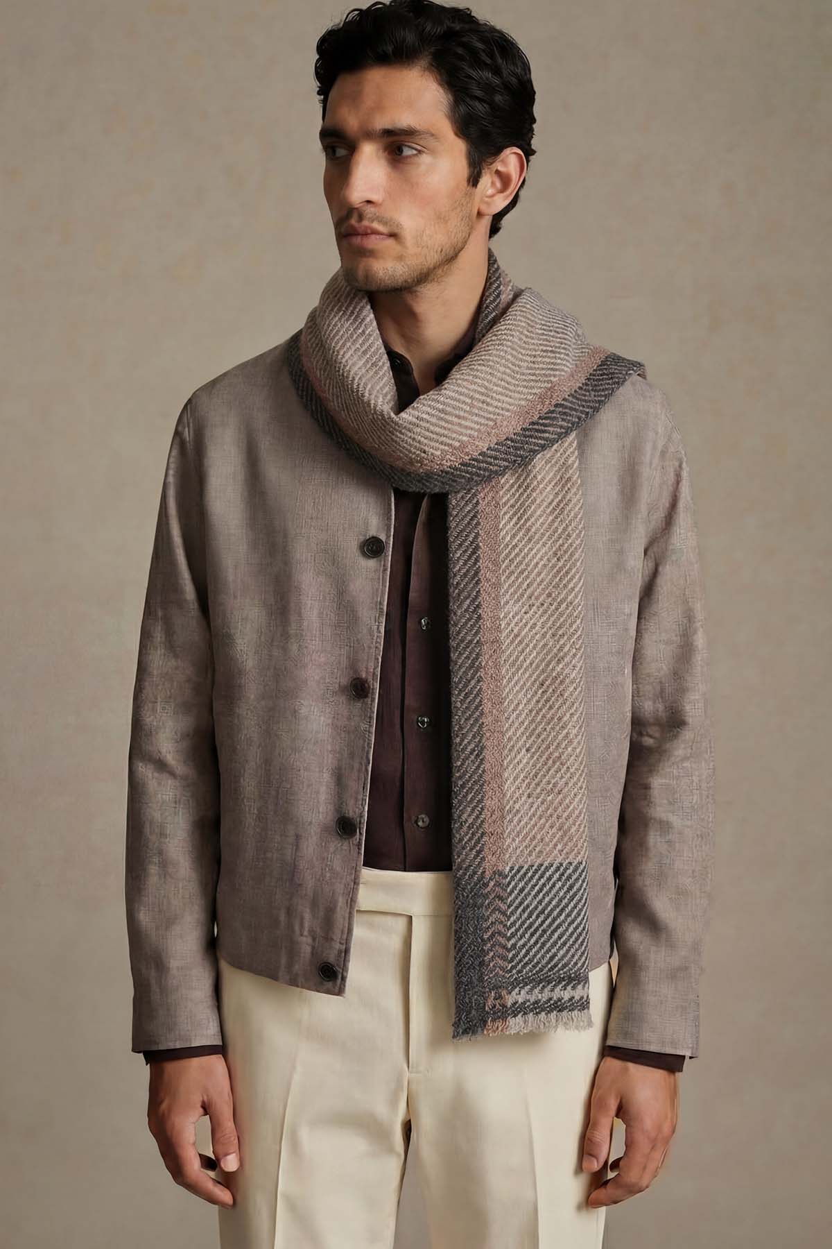 Pashmina Muffler Bordered Herringbone | Camel
