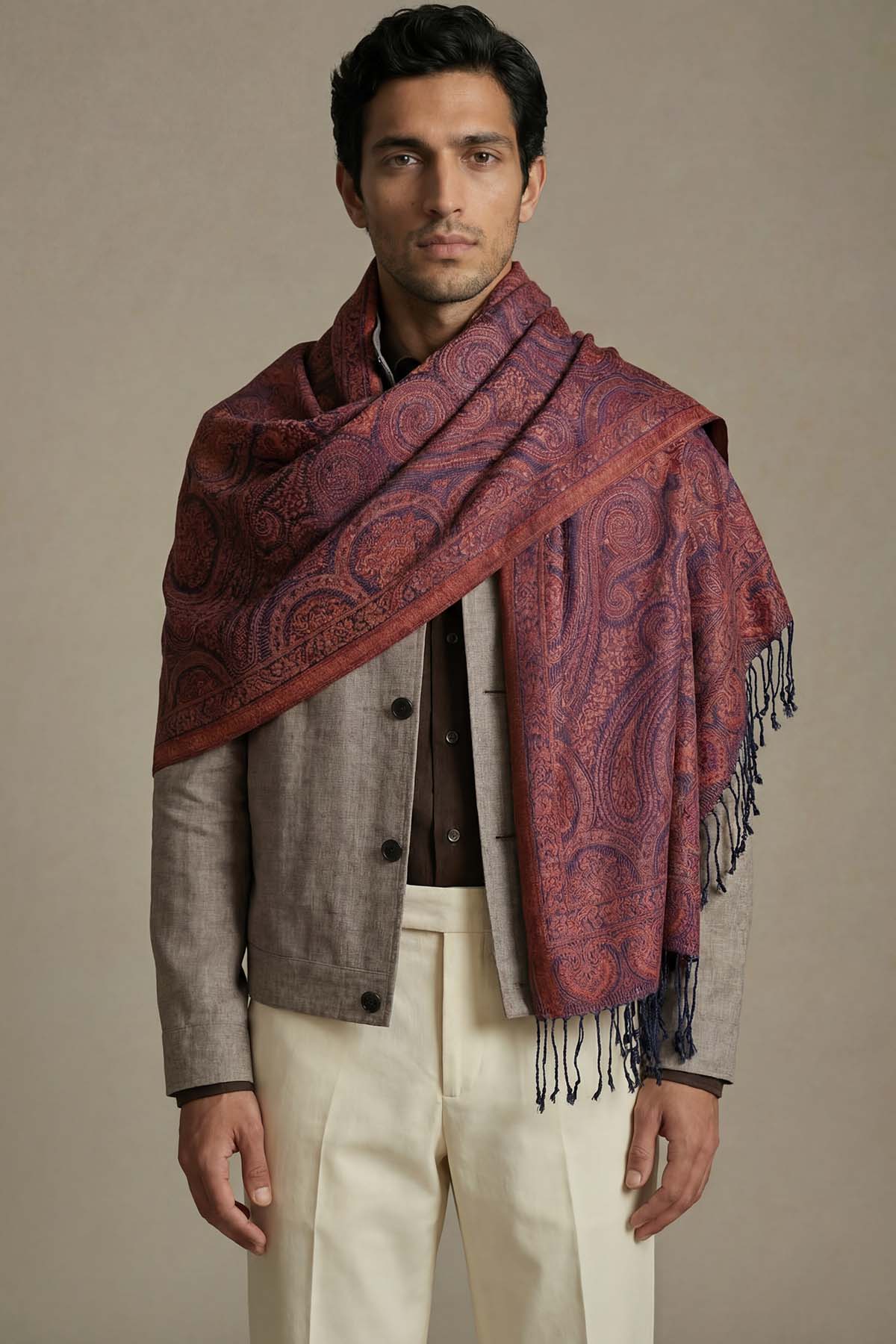 Pure Silk Jamawar Reversible | Navy-Rust