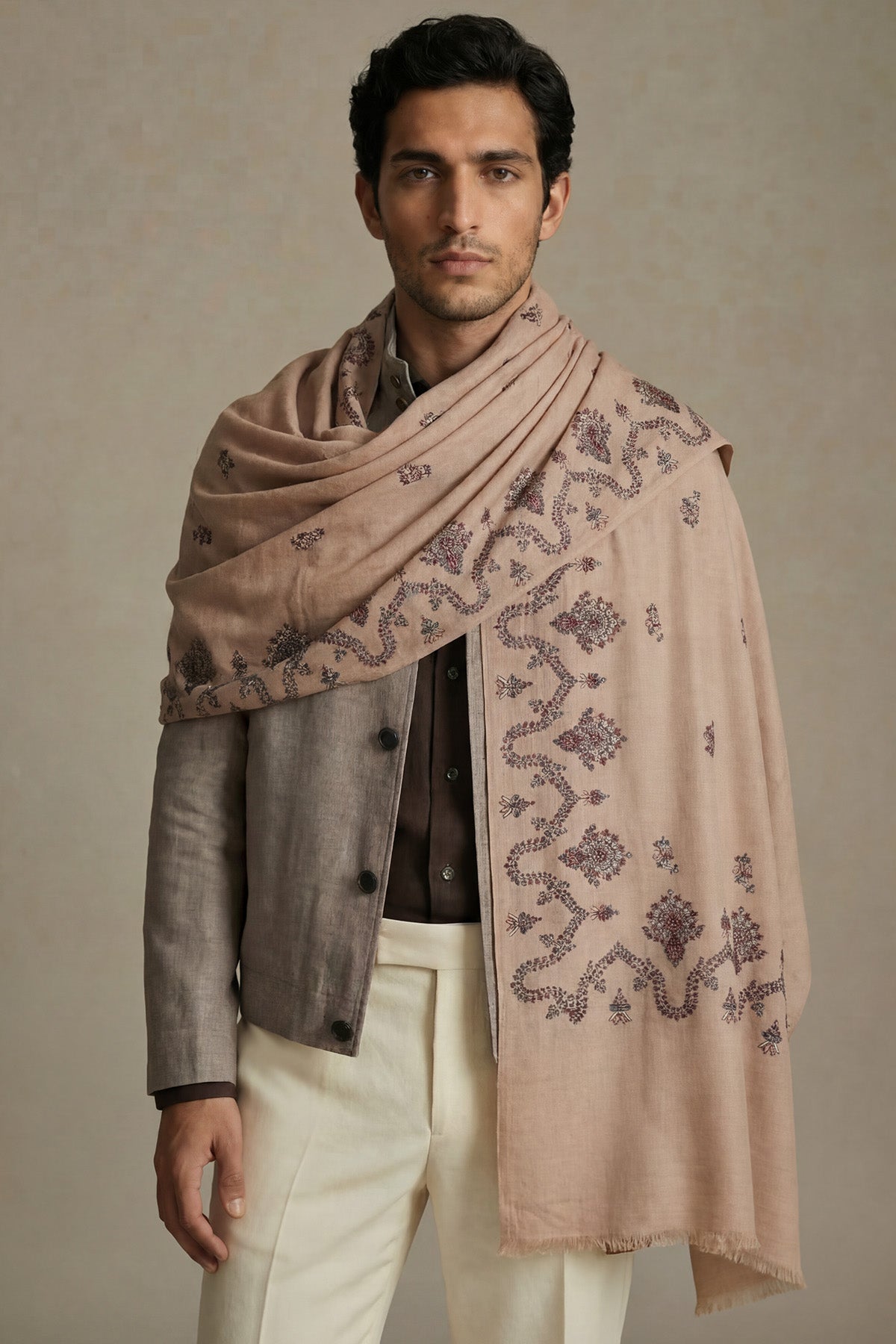 Cashmere Embroidery Border - Regal Vine | Camel