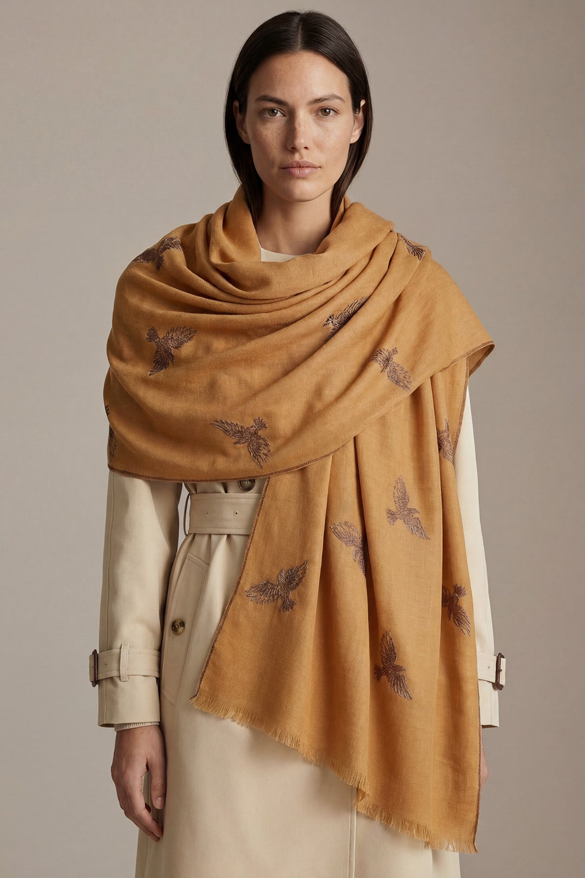 Pashmina Embroidery - Aviary | Warm-Tan